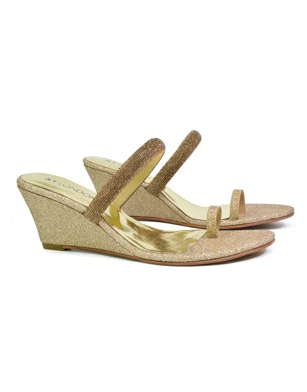 Lucille Slip On Strappy Sparkly Diamante Wedge Sandal Heels in Gold