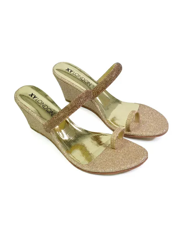 Lucille Slip On Strappy Sparkly Diamante Wedge Sandal Heels in Gold