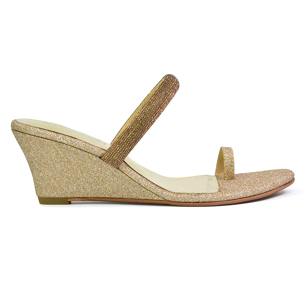 Lucille Slip On Strappy Sparkly Diamante Wedge Sandal Heels in Gold