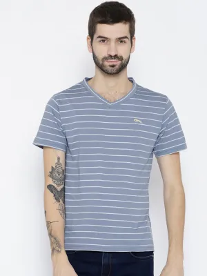 Men Blue Striped V-Neck T-shirt