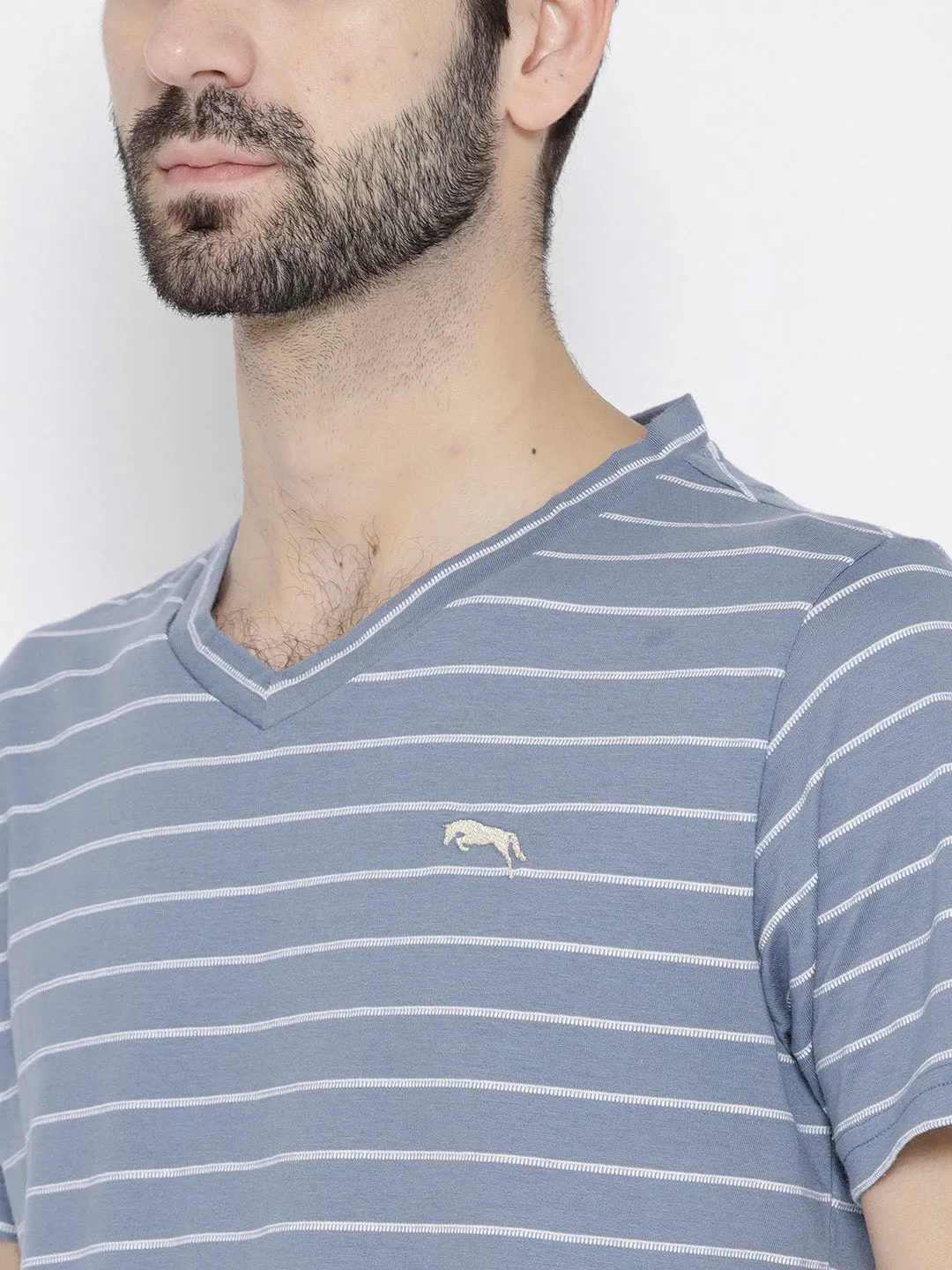 Men Blue Striped V-Neck T-shirt