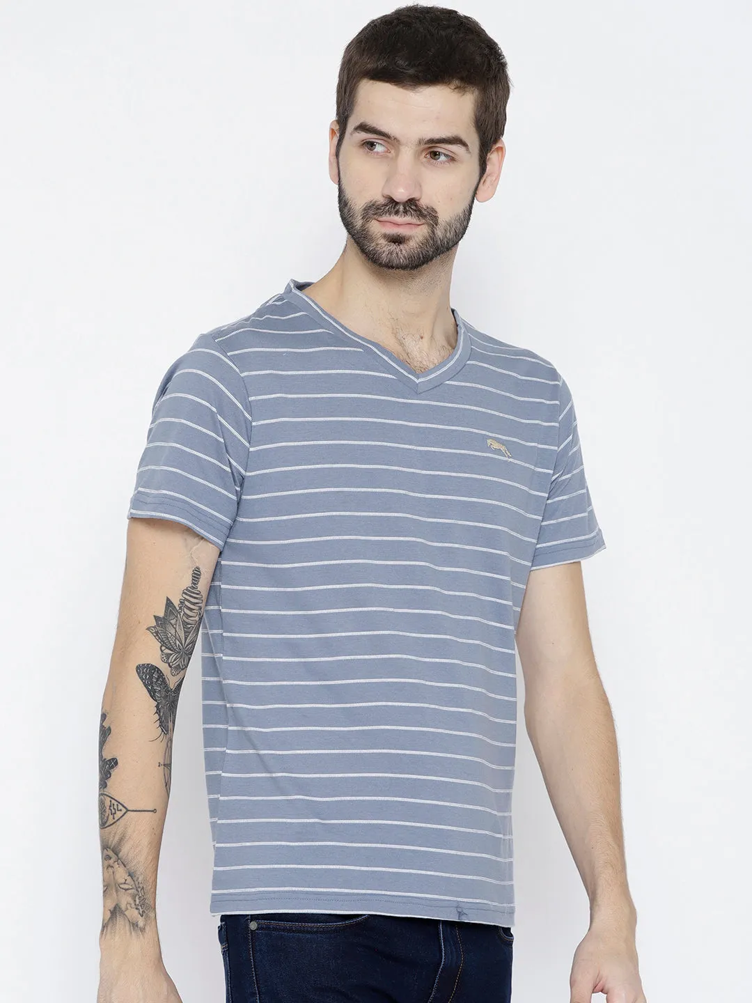 Men Blue Striped V-Neck T-shirt