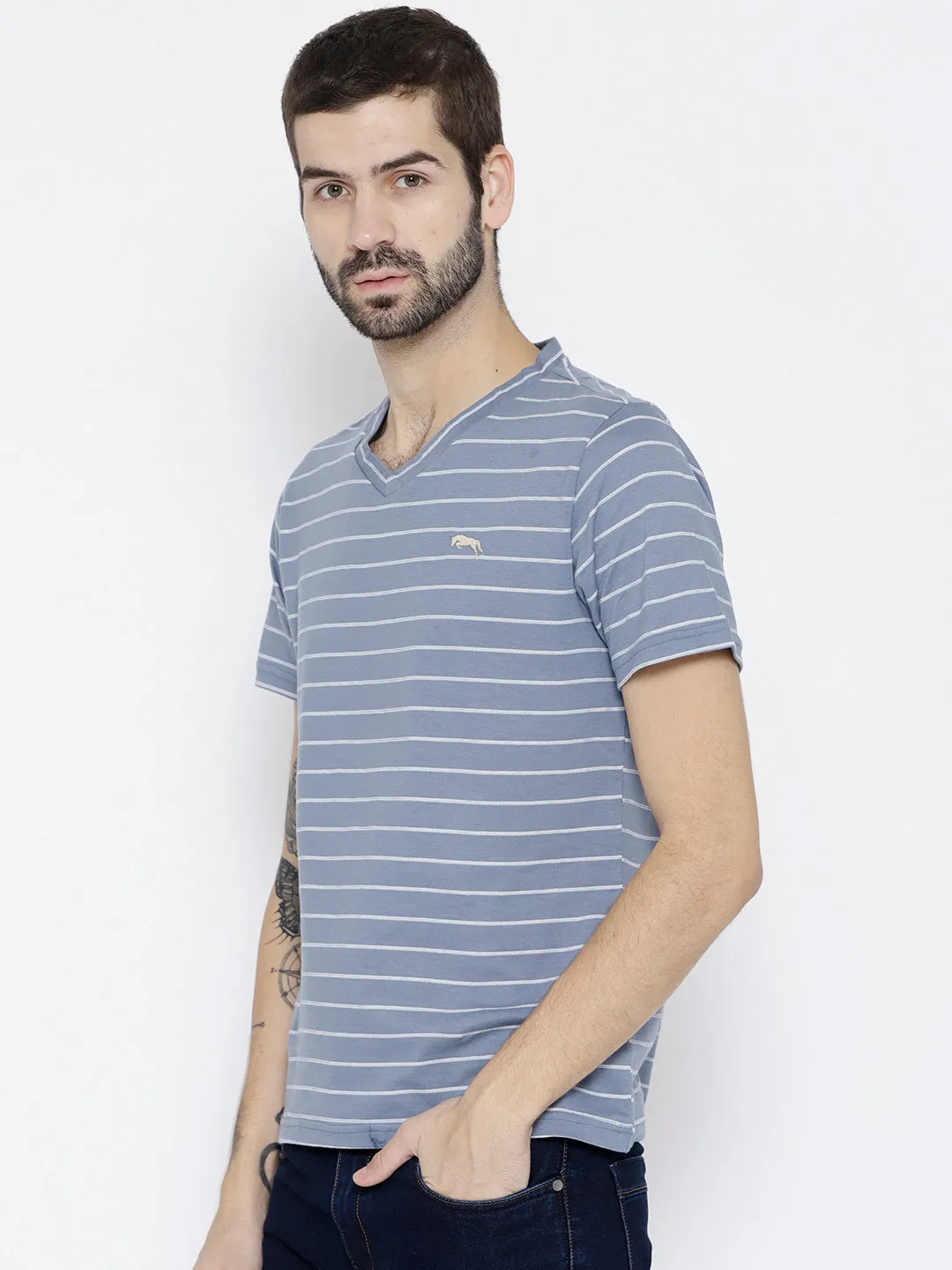 Men Blue Striped V-Neck T-shirt