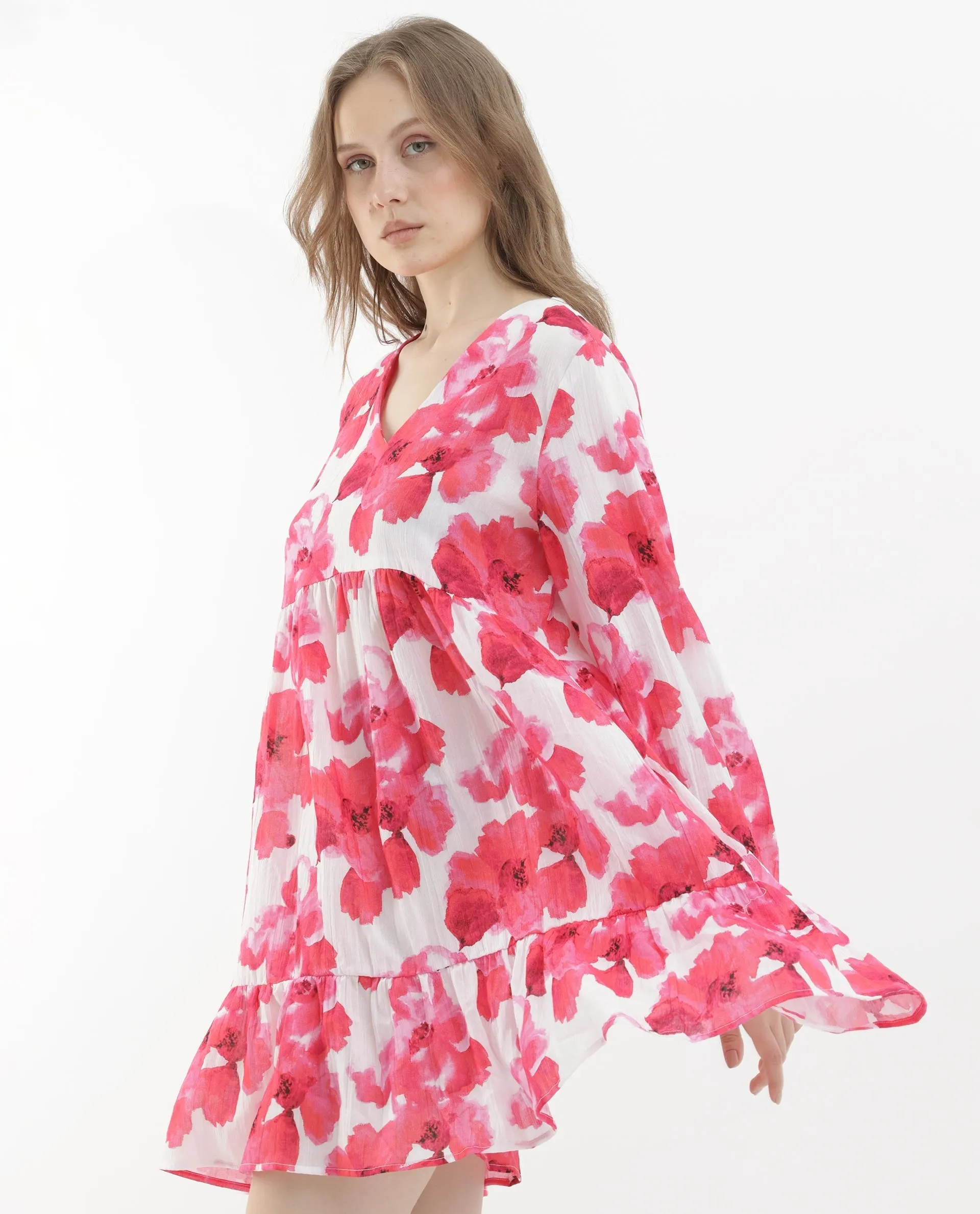 Rareism Women Valan Pink Cotton Fabric Full Sleeves V-Neck Fit And Flare Floral Print Mini Dress