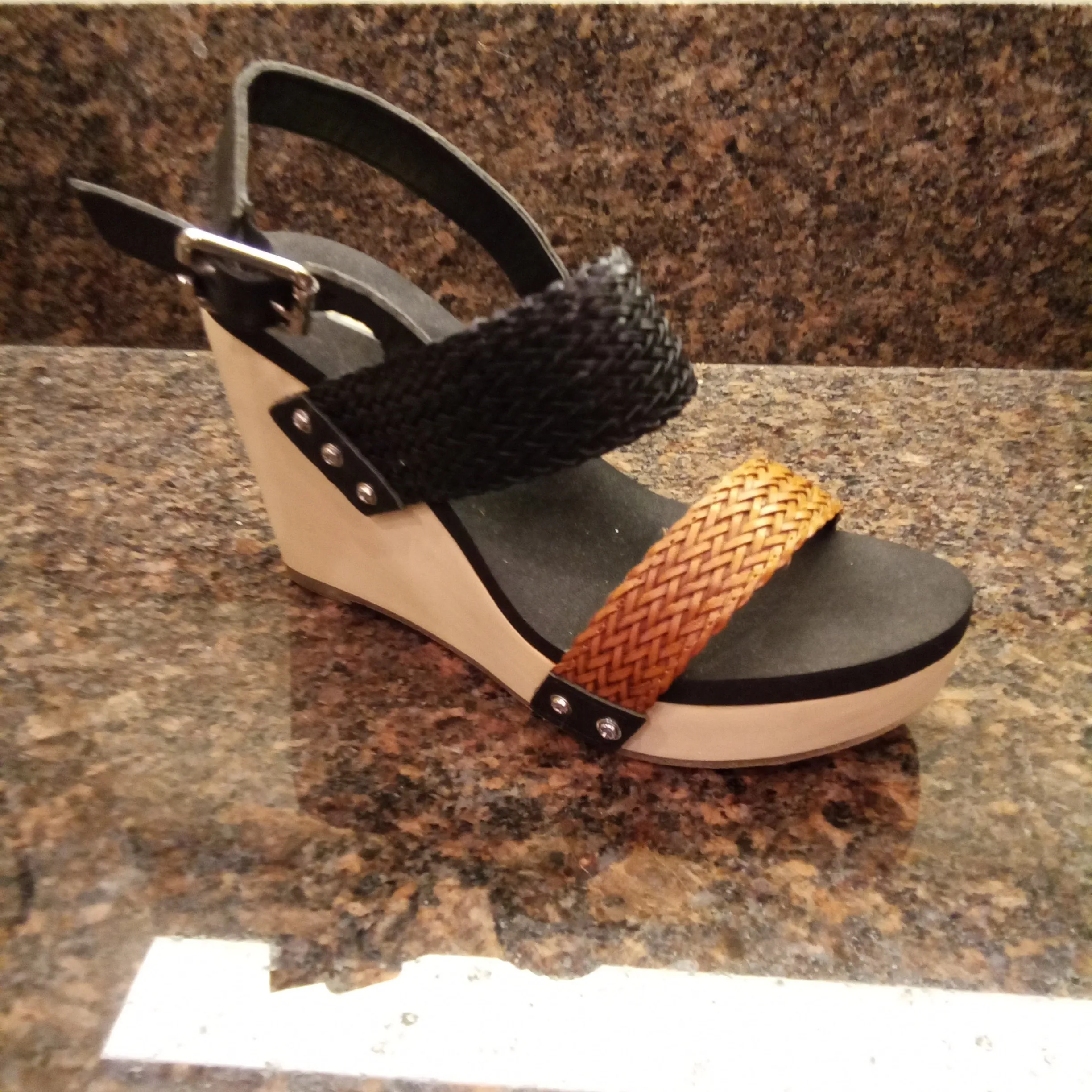 Two Tone Black and Brown Woven Baker Wedge Sandals | Volatile