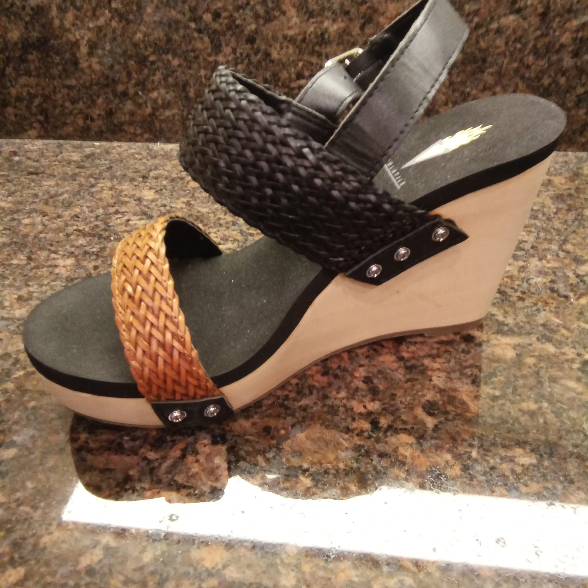 Two Tone Black and Brown Woven Baker Wedge Sandals | Volatile