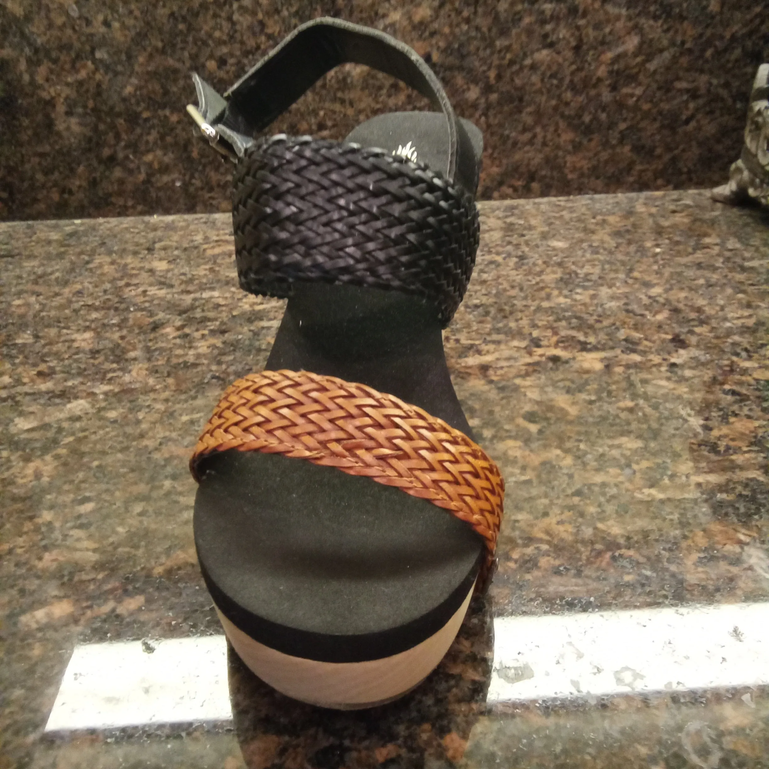 Two Tone Black and Brown Woven Baker Wedge Sandals | Volatile