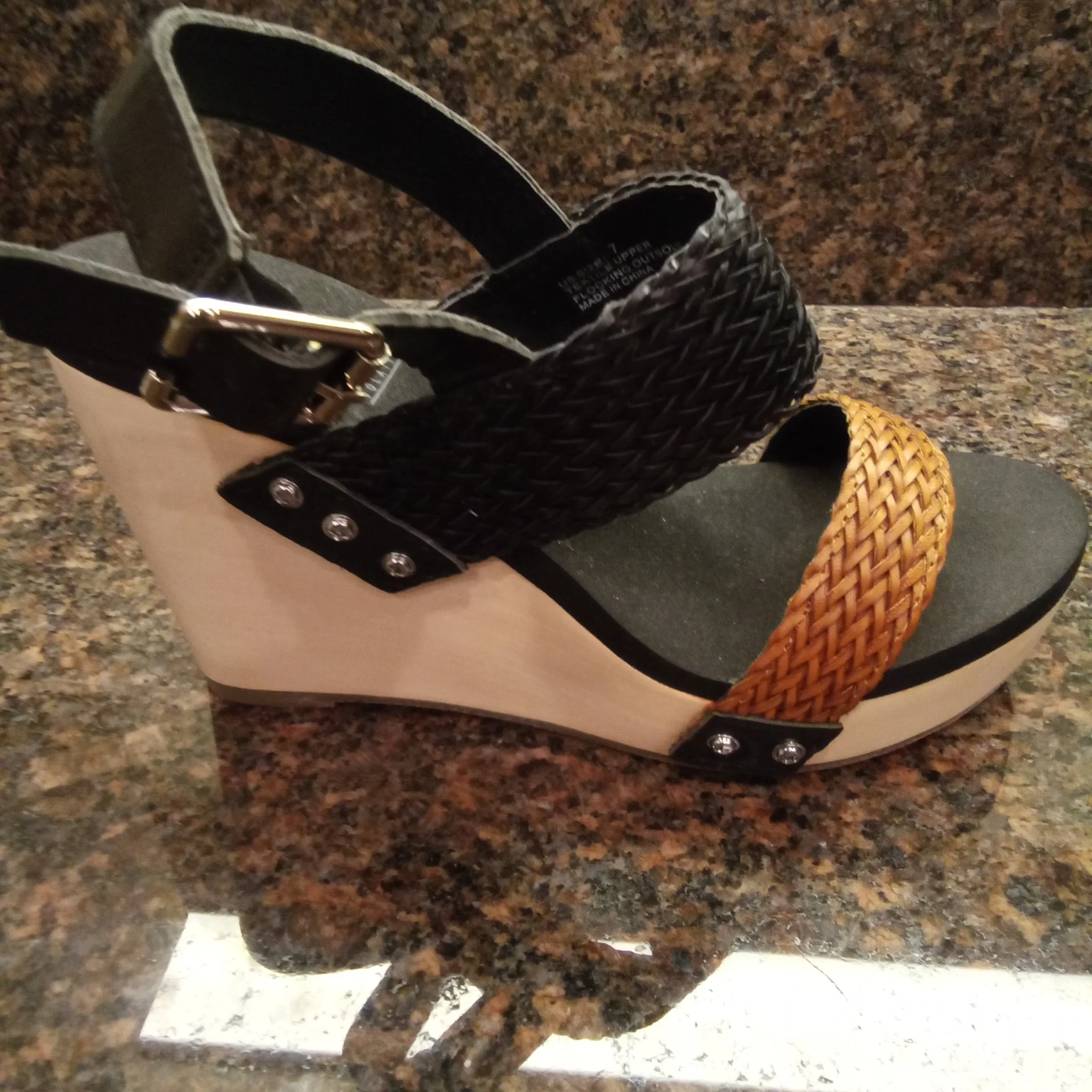 Two Tone Black and Brown Woven Baker Wedge Sandals | Volatile