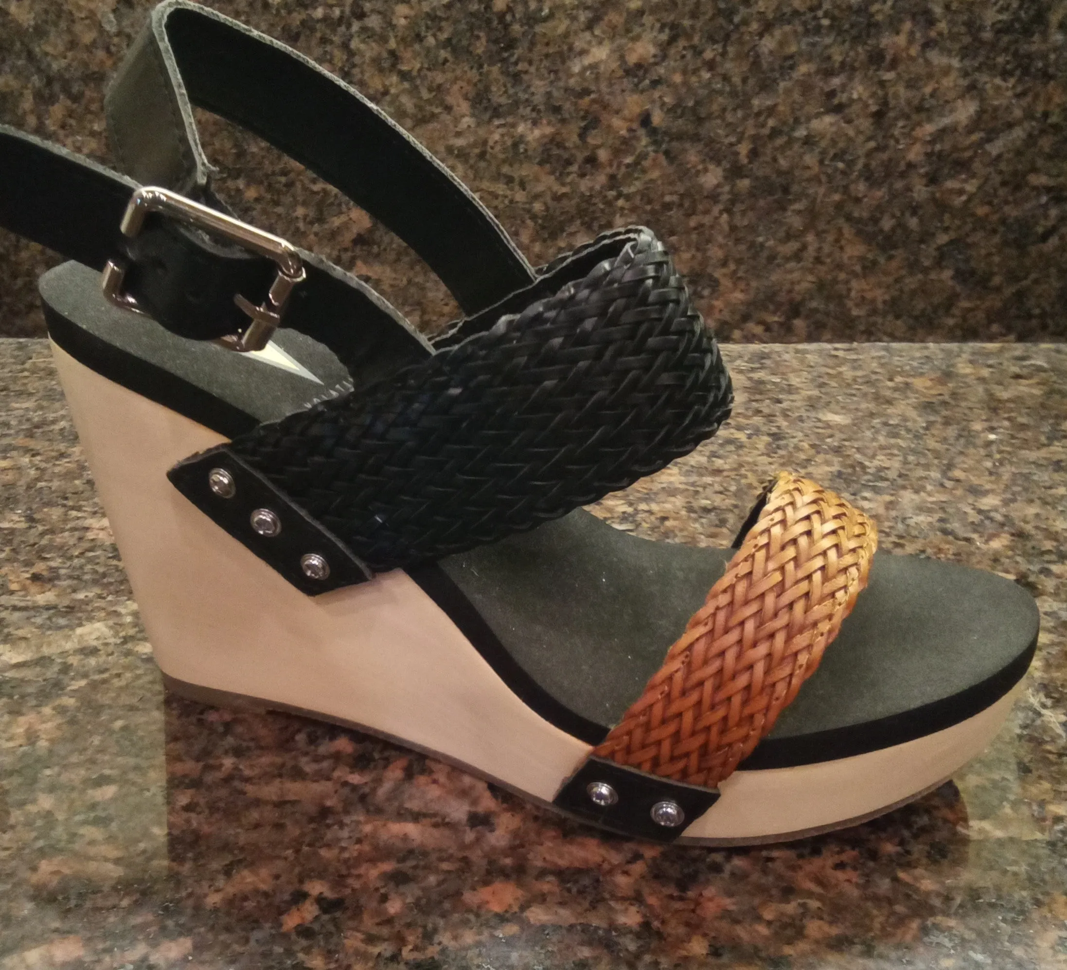 Two Tone Black and Brown Woven Baker Wedge Sandals | Volatile