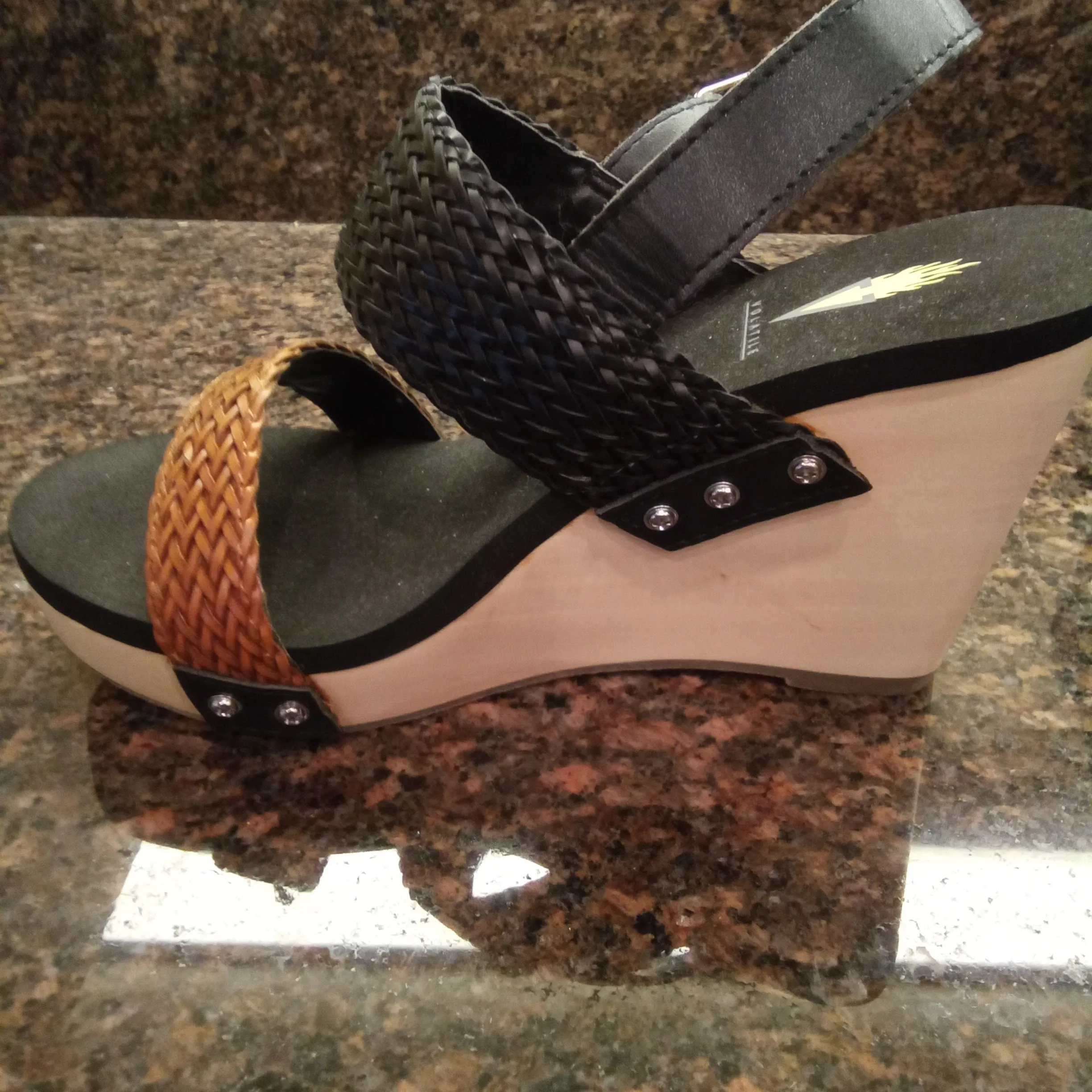 Two Tone Black and Brown Woven Baker Wedge Sandals | Volatile