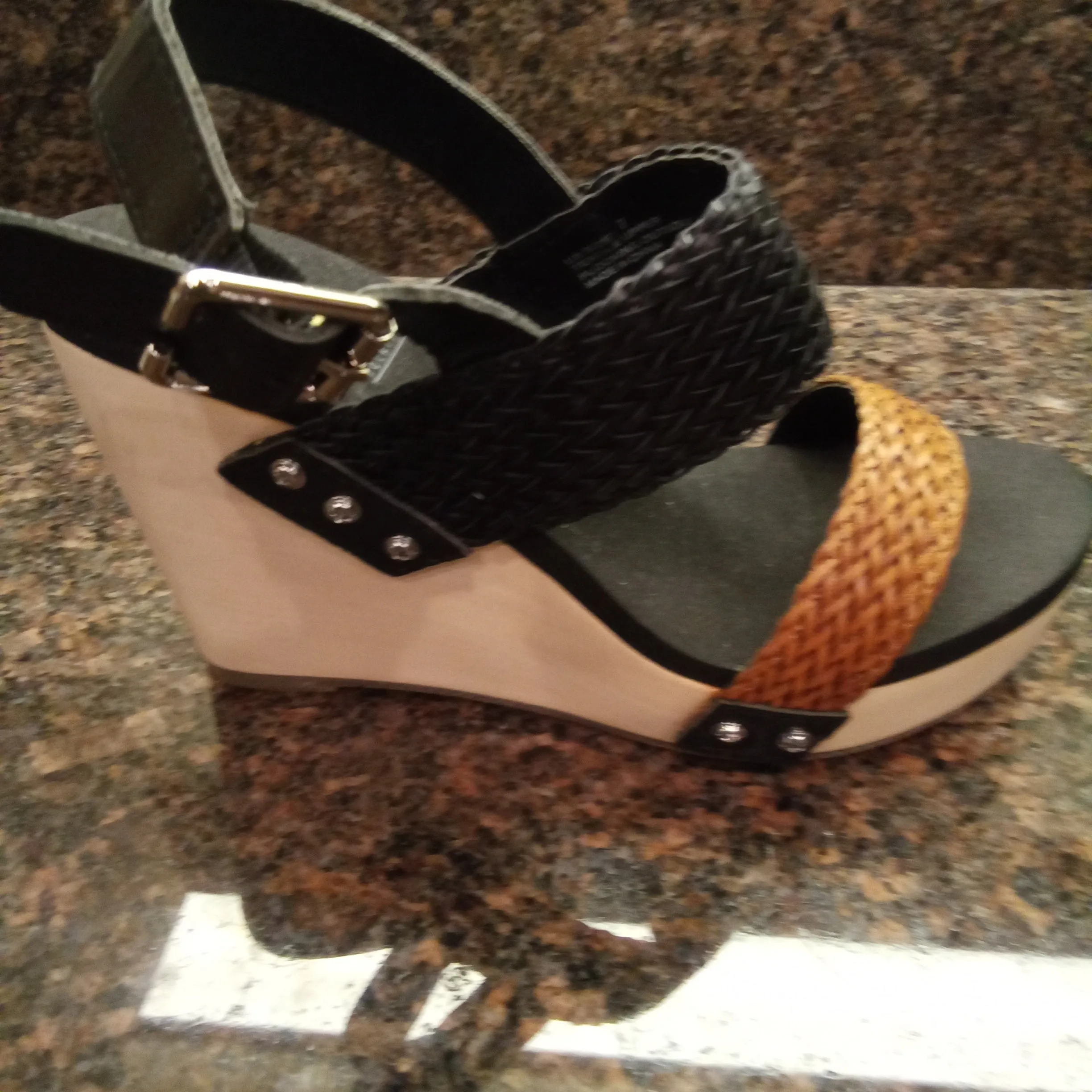 Two Tone Black and Brown Woven Baker Wedge Sandals | Volatile