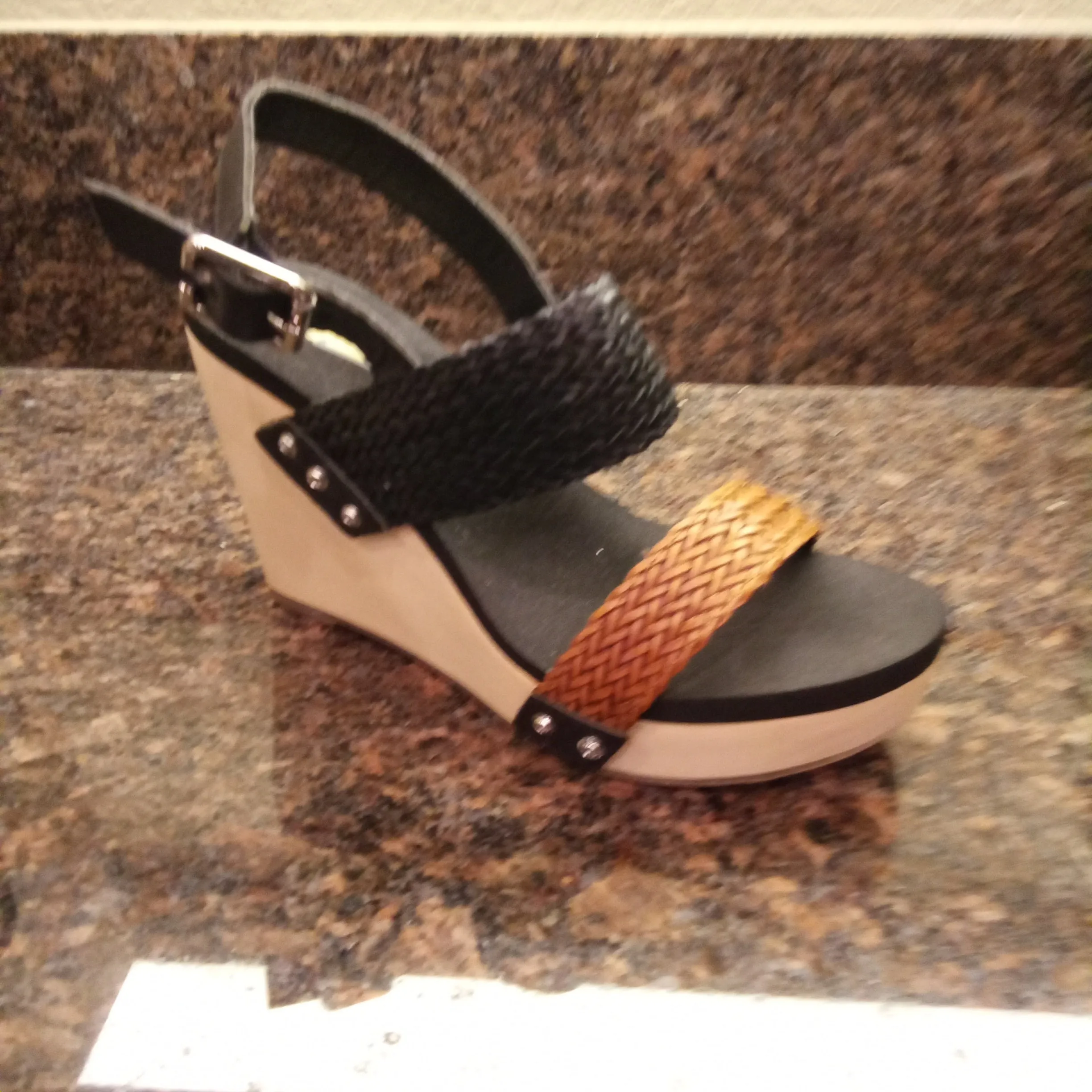 Two Tone Black and Brown Woven Baker Wedge Sandals | Volatile