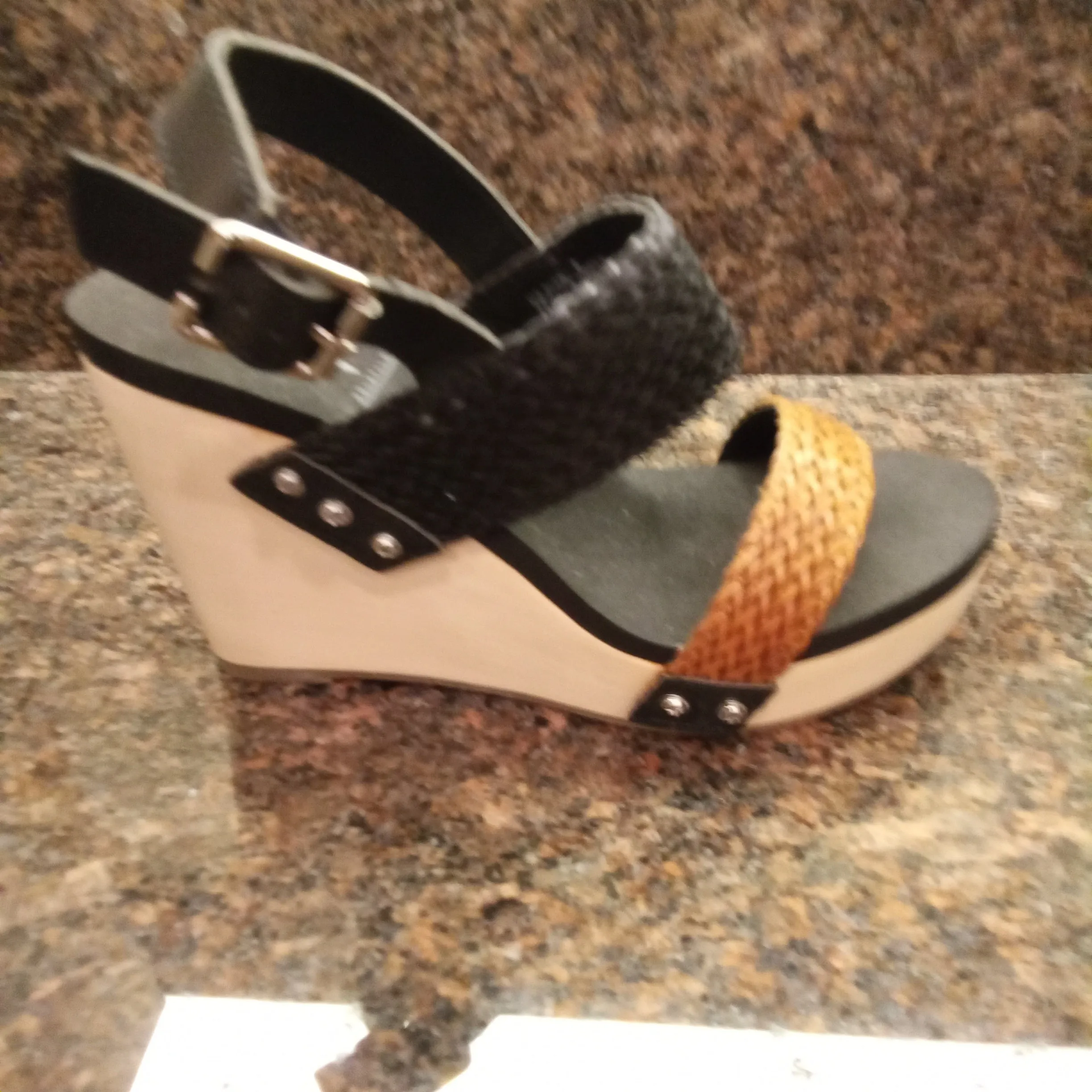 Two Tone Black and Brown Woven Baker Wedge Sandals | Volatile