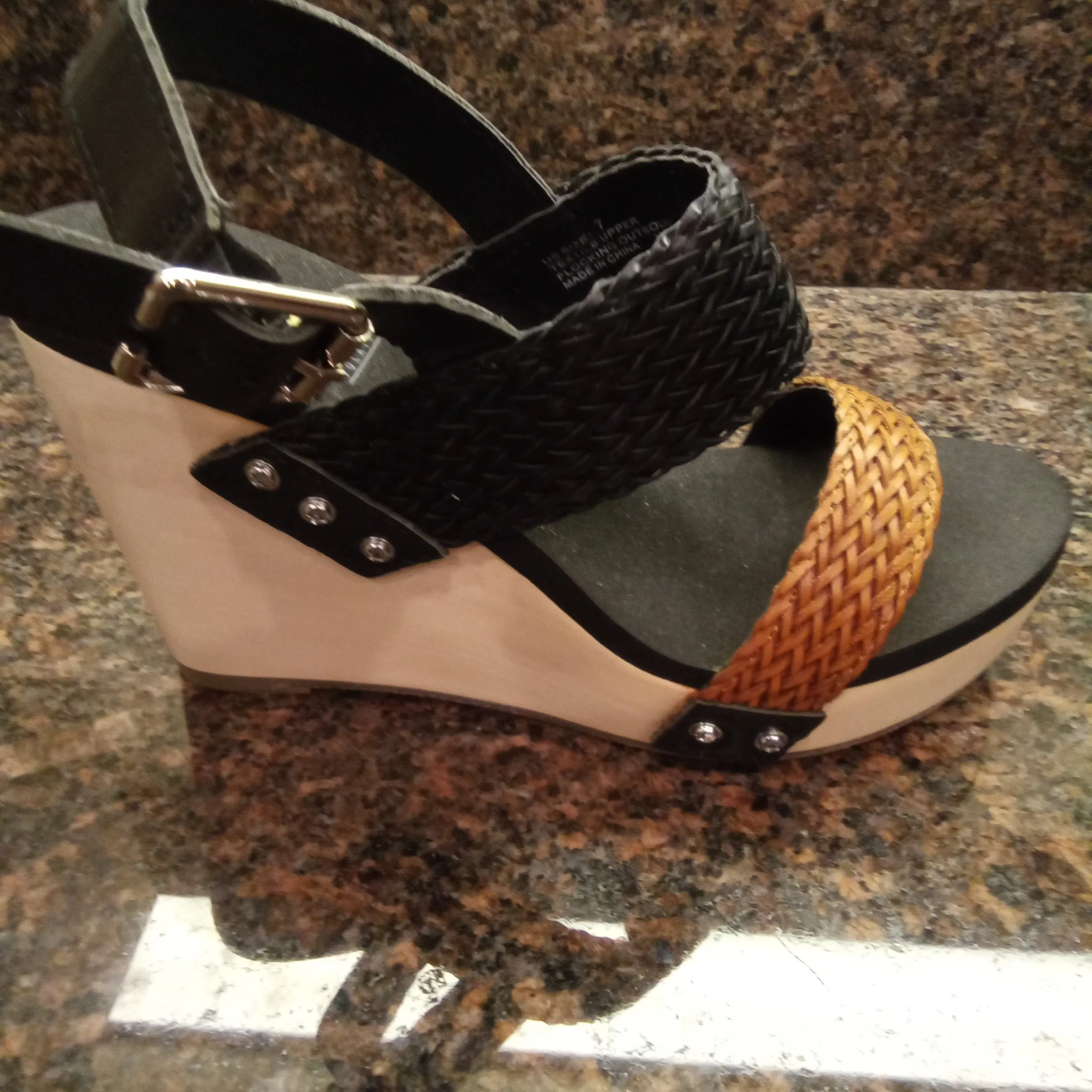 Two Tone Black and Brown Woven Baker Wedge Sandals | Volatile