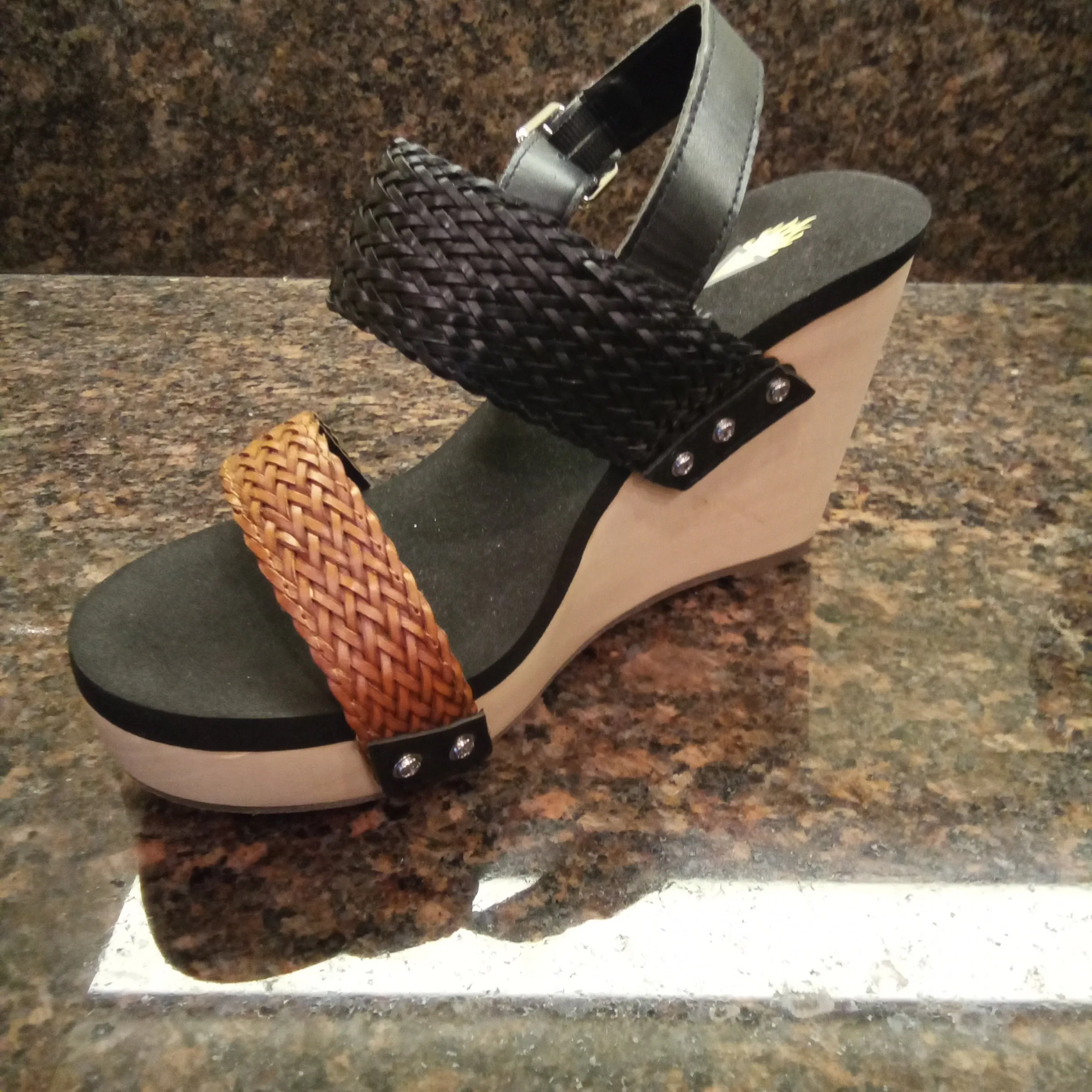Two Tone Black and Brown Woven Baker Wedge Sandals | Volatile
