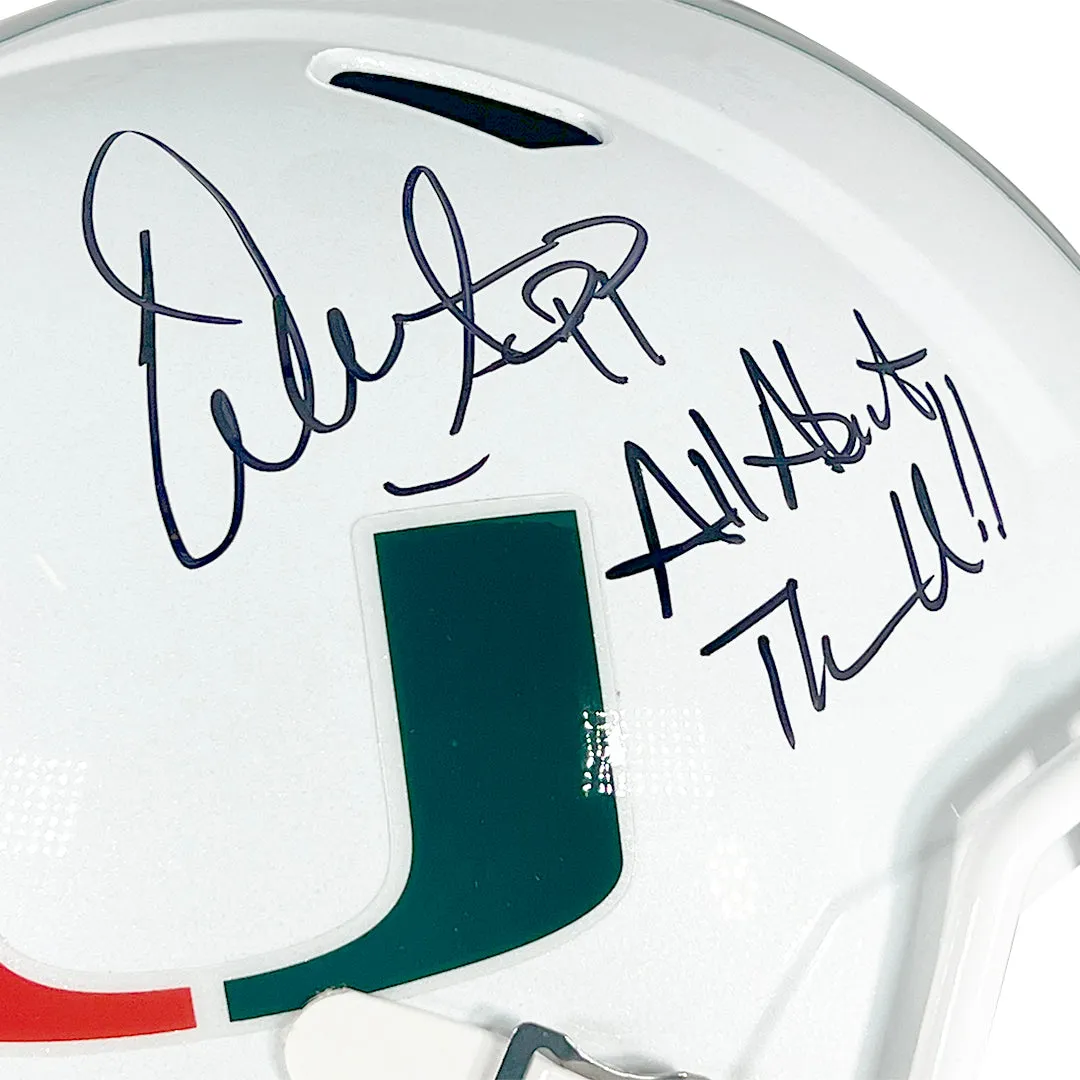 Warren Sapp Signed All about the U!! Inscription Miami Hurricanes Speed Full-Size Replica Football Helmet (Beckett)